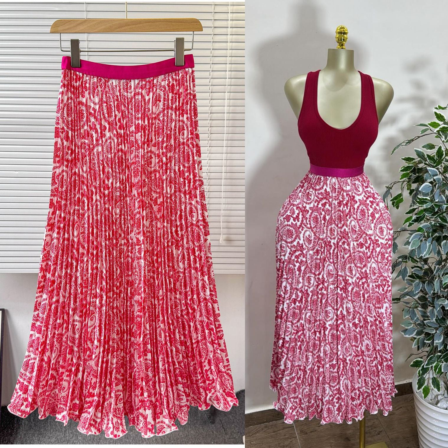 Women's Retro Printed High Waist A- Line Mid-length Pleated Large Hem Skirt