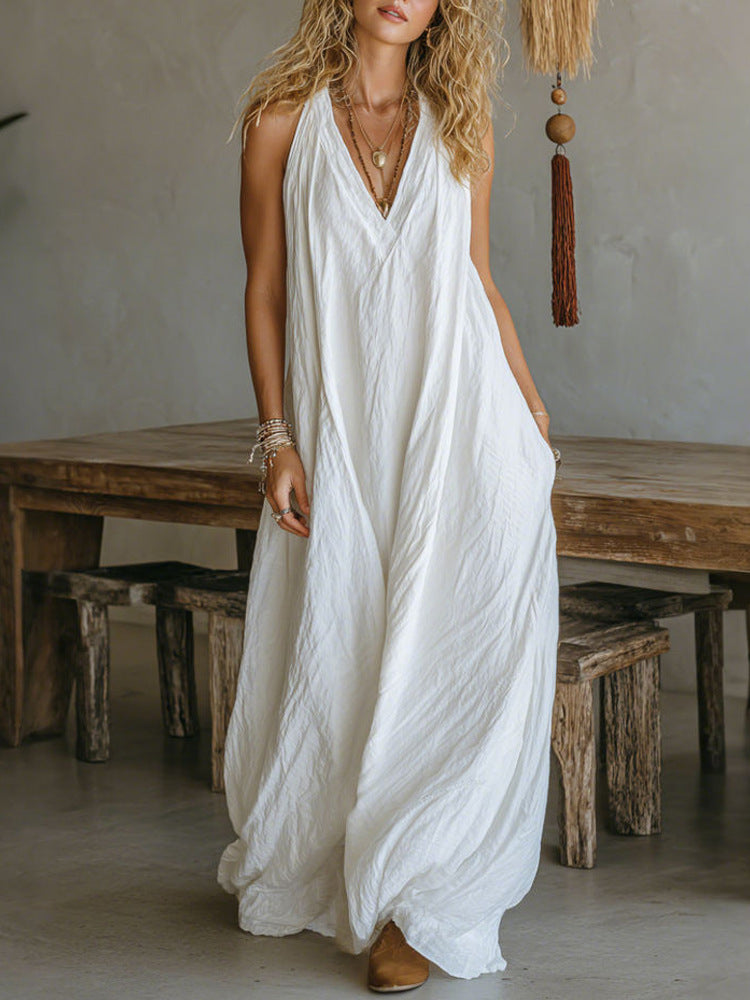 Women's Casual Sleeveless Loose Pockets Full-length Dress