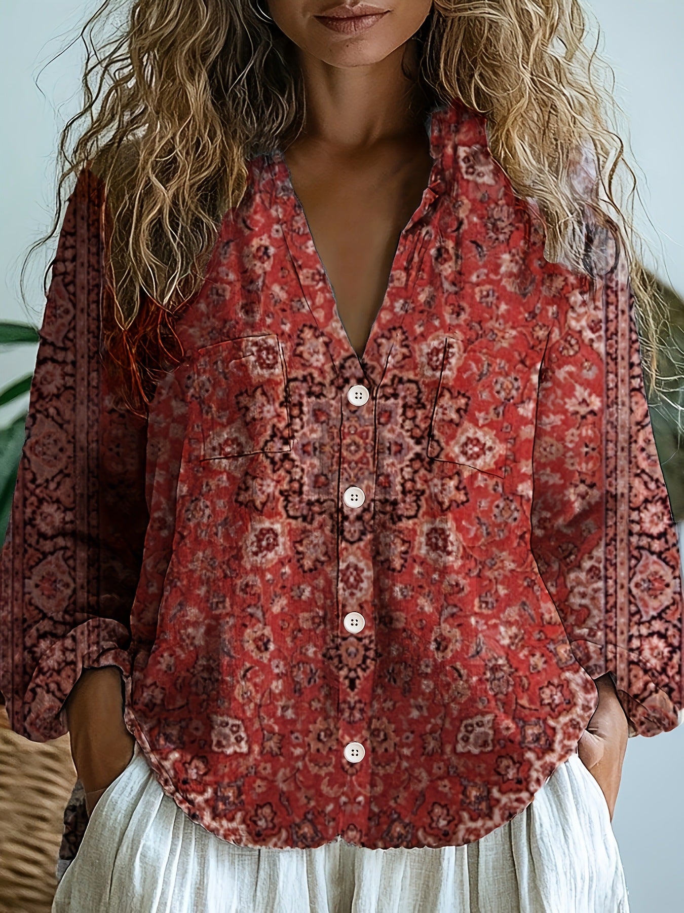 Women's Leisure Commute Shirt Western Ethnic Style Geometric Blouse