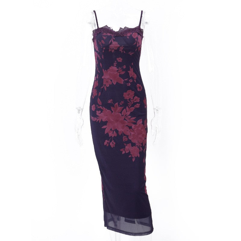 Style Sexy Backless Lace Edge Vintage Printed Dress