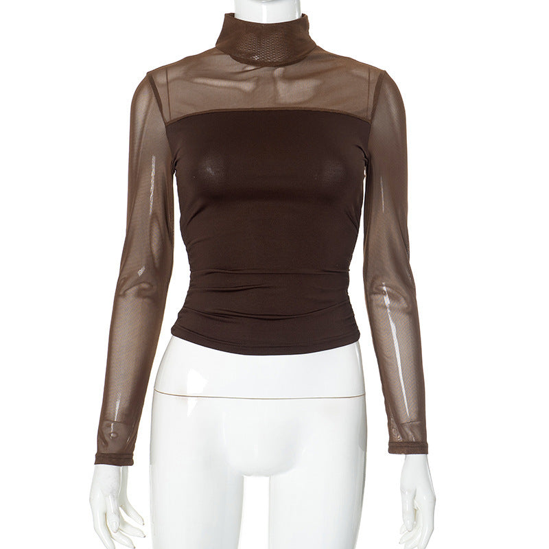 Women's Pure Color Half Collar Mesh Stitching Women's T-shirt