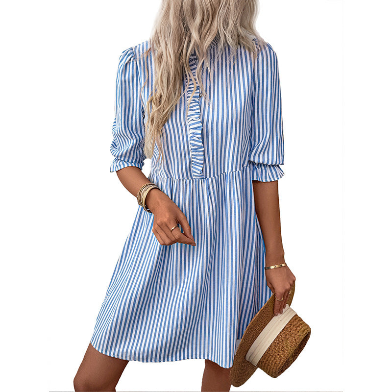 Women's Wooden Ear Summer Vertical Striped Shirt Dress