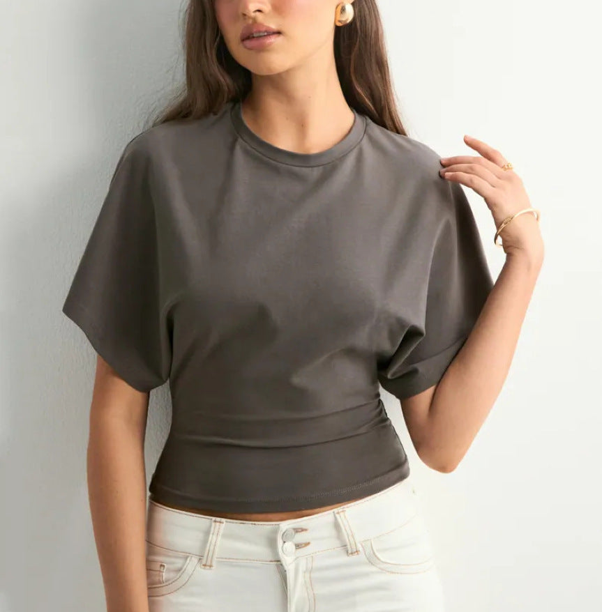 Women's Color Round Neck Shoulder Across Sleeve Sexy Women's T-shirt