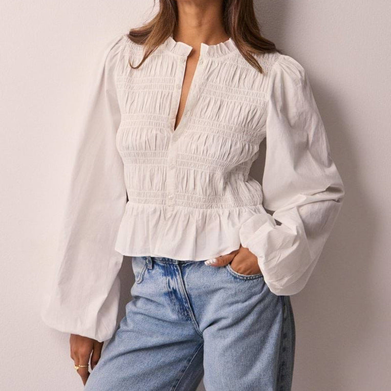 Women's Pure Color Casual Versatile Button Shirt Puff Blouse