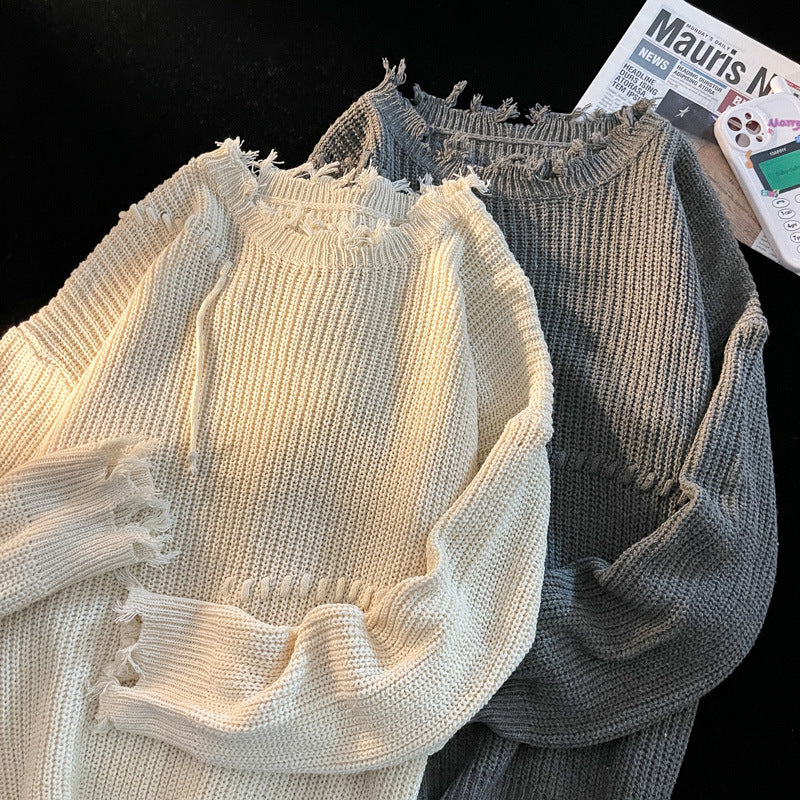 Design Sense Niche Male Female Trendy Ripped Round Neck Loose Women's Sweater