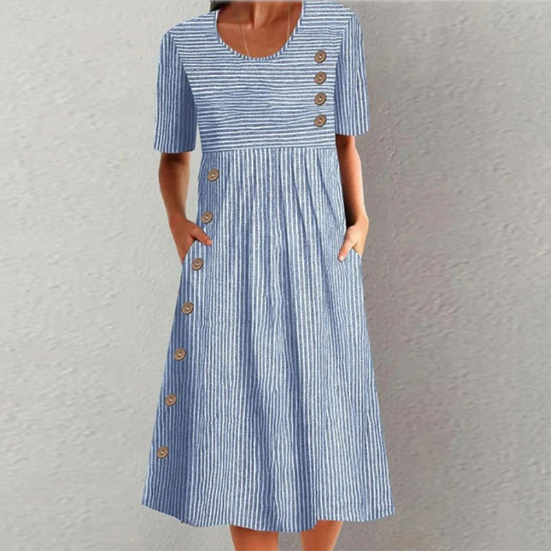 Women's Summer Sleeve Striped Fashion Wear Elegant Fastener Decoration Skirts