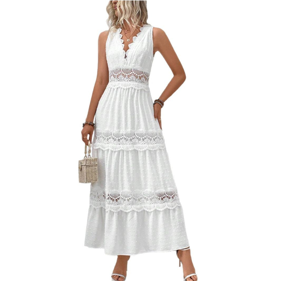 Women's Summer Lace Stitching Collar Sleeveless Dress