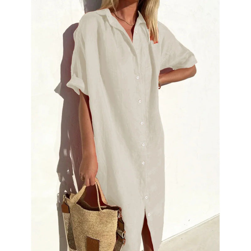Women's Elegant Casual Loose Sleeves Button Cotton Linen Long Pocket Shorts