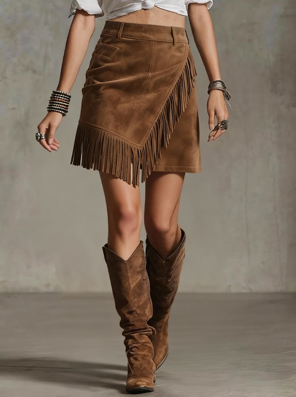 Women's Retro Western Style Suede Casual Asymmetric Tassel Hem Skirt