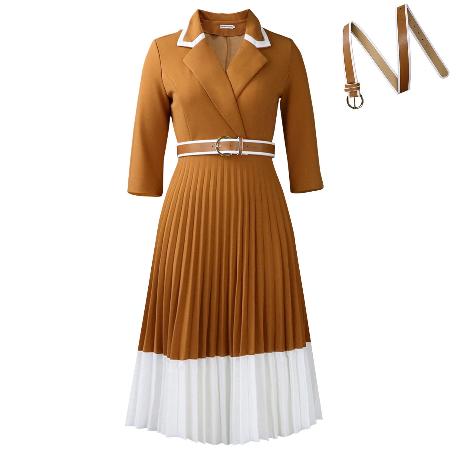 Women's Solid Color Long Sleeve Matching Pleated A- Dress