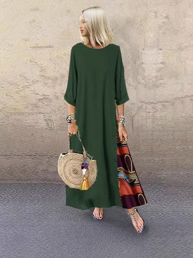 Floral Round Neck Contrast Color Button Dress
