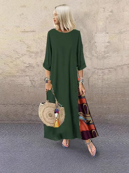 Floral Round Neck Contrast Color Button Dress