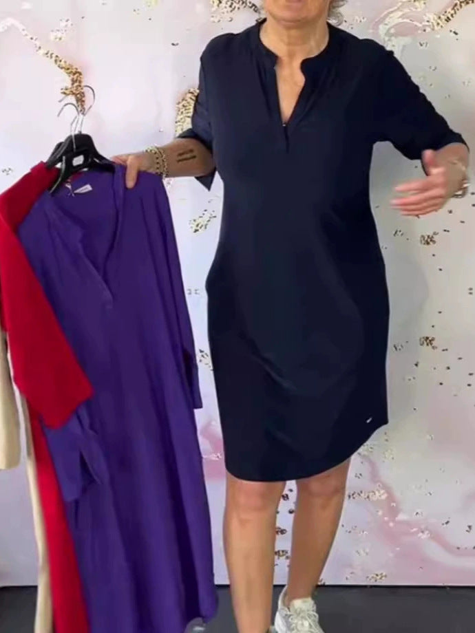 Women's Summer Fashion Solid Color Three-quarter Sleeve Dress