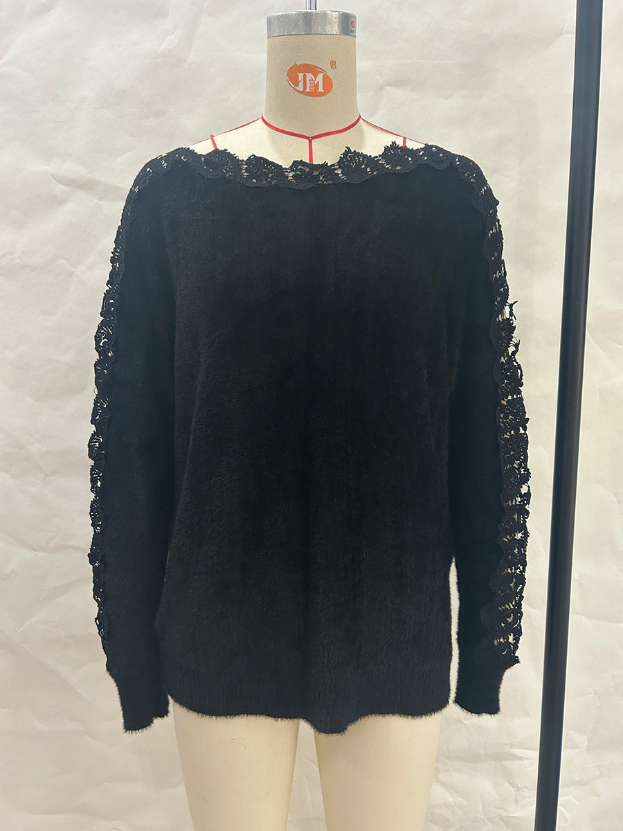 Women's Knitted Elegant Lace Stitching Sleeves Solid Sweaters