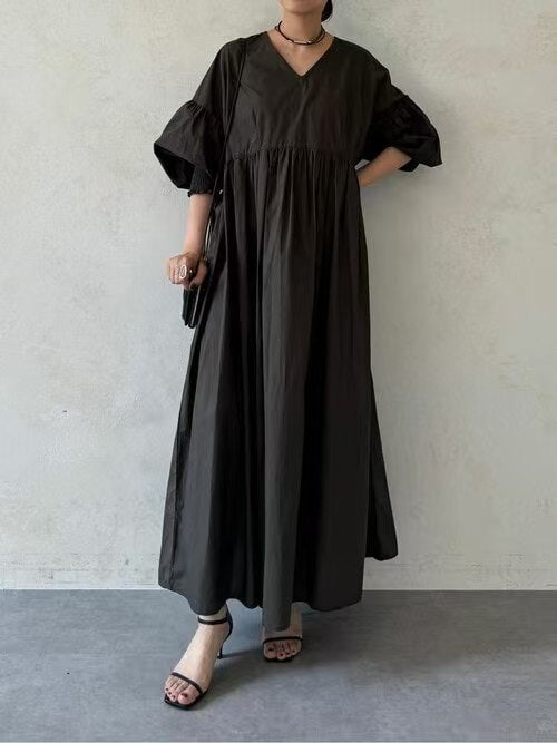 Lantern Sleeve Cuff Olive Long Solid Dress