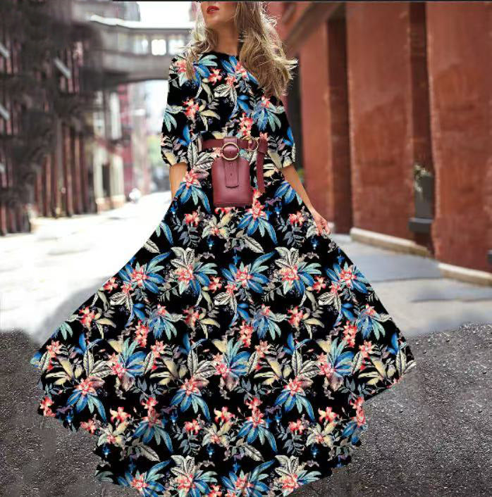 Printed Large Swing Elegant Chiffon Floral Dress