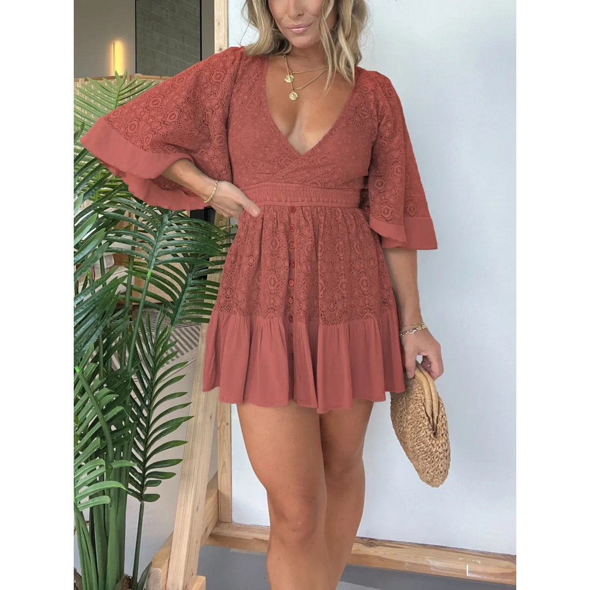 Women's Summer Lace Stitching Batwing Sleeve Dress