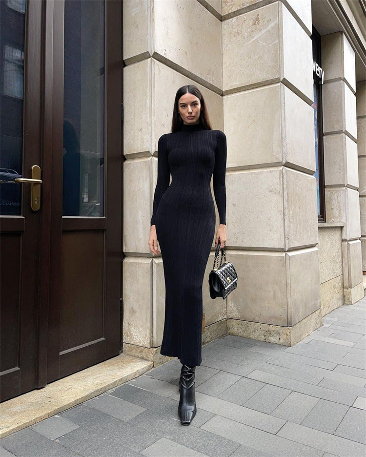 Women's Knitted Turtleneck Sleeveless Tight Midi Elegant Dress