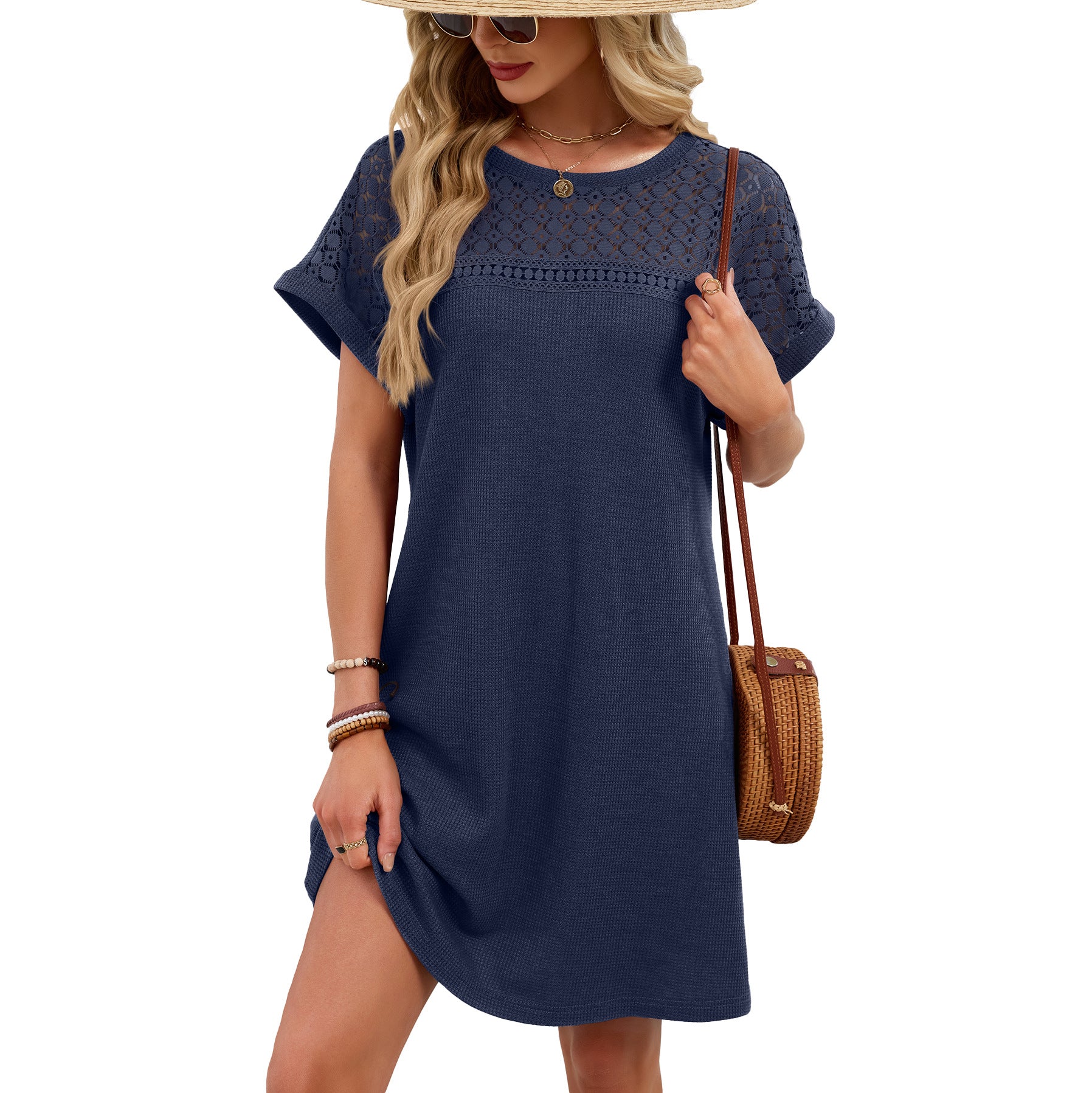 Solid Color Round Neck Lace Stitching Loose Dress