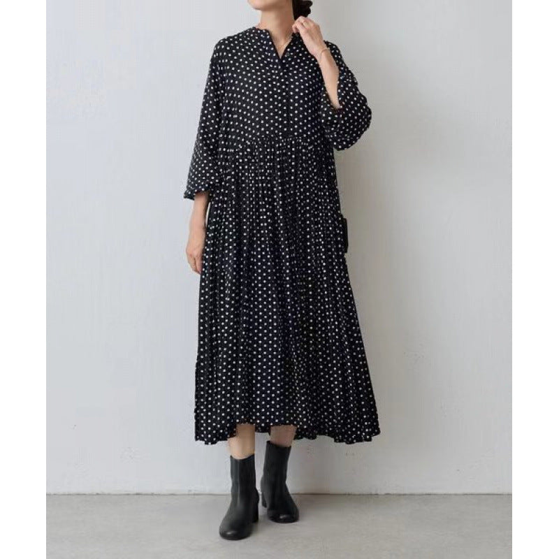 Loose Mid-length Black Round Neck Pleated Sleeve White Polka Dot Dress