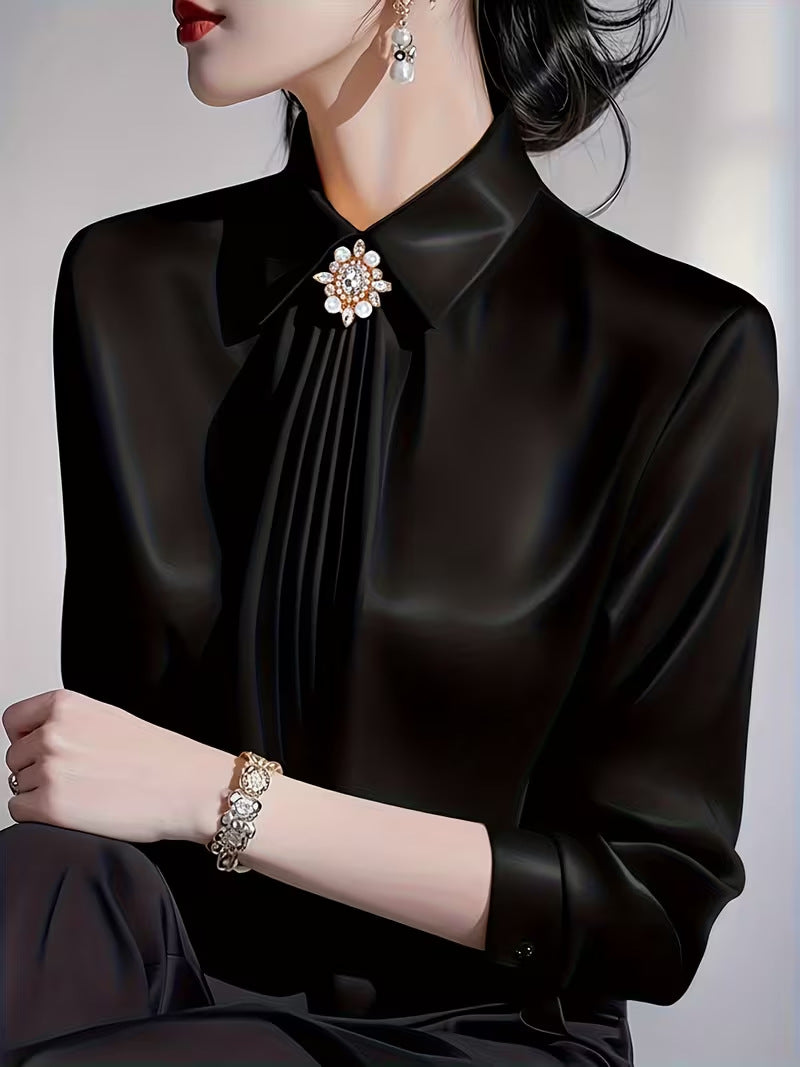 Elegant Graceful Satin Shirt Pleated Long Sleeve Leisure Blouse