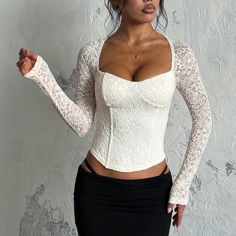 Lace Fishbone Long Sleeves Autumn White Women's T-shirt
