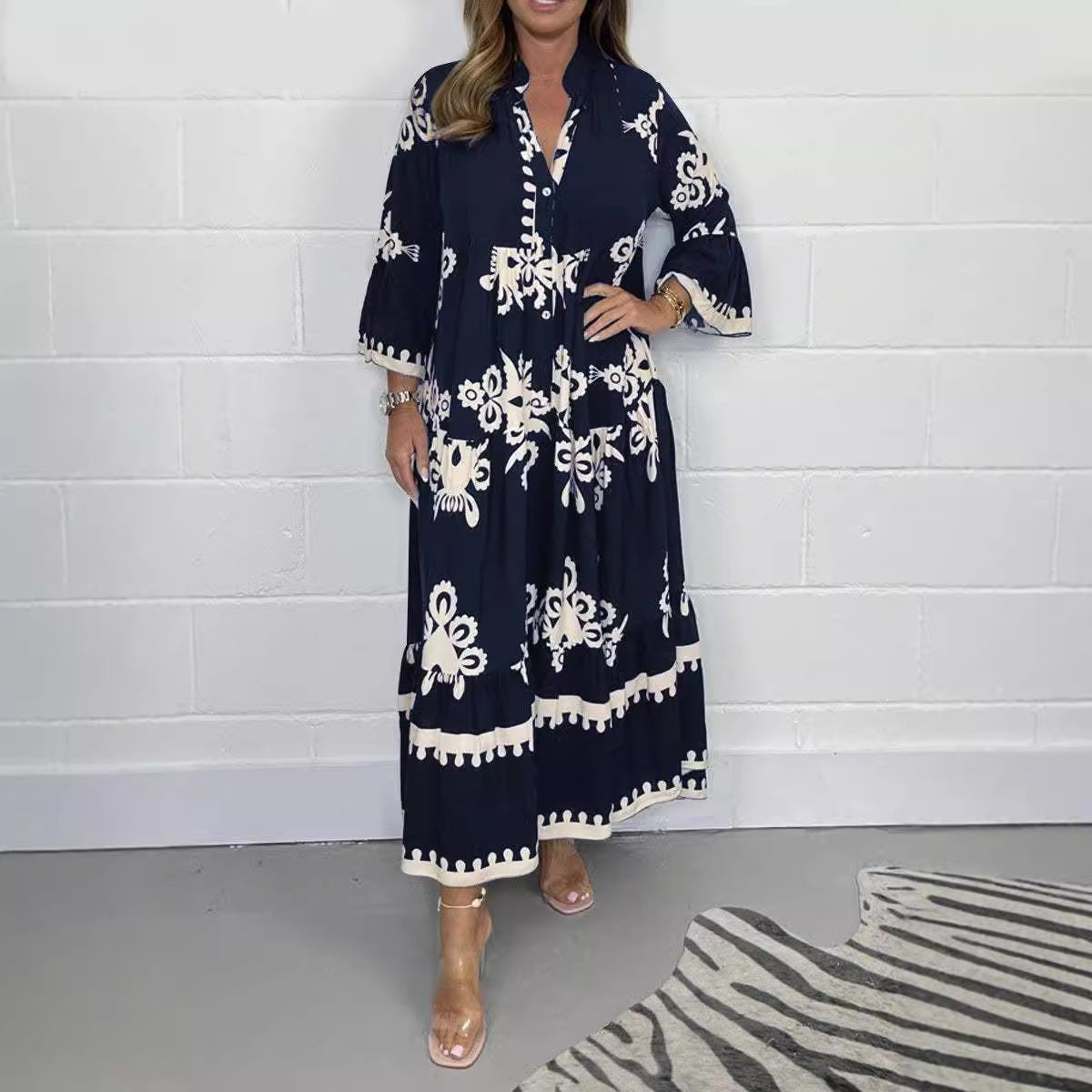 Women's Elegant Print Stand-up Collar Cinched Dress