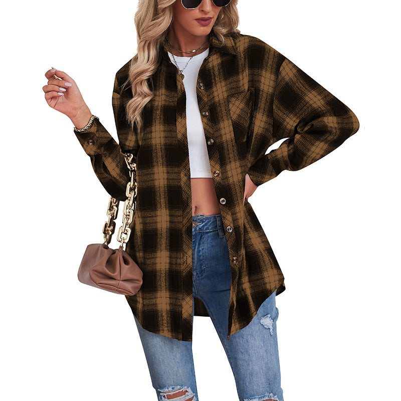 Women's Casual Boyfriend Style Loose Plaid Shirt Blouse