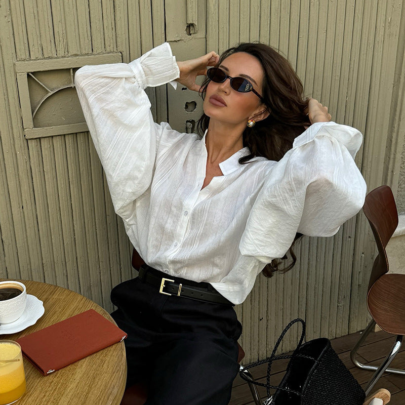 Women's Fresh Loose Stand-up Collar Puff Sleeve Blouse