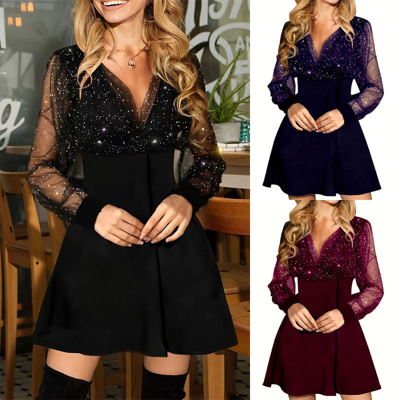 Stitching Solid Color Long Sleeve Sexy Dress