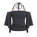 Vintage Stripe Flare Sleeve Hot Beaded Halter Niche Women's T-shirt