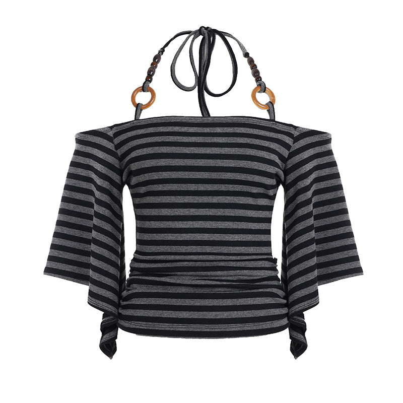Vintage Stripe Flare Sleeve Hot Beaded Halter Niche Women's T-shirt