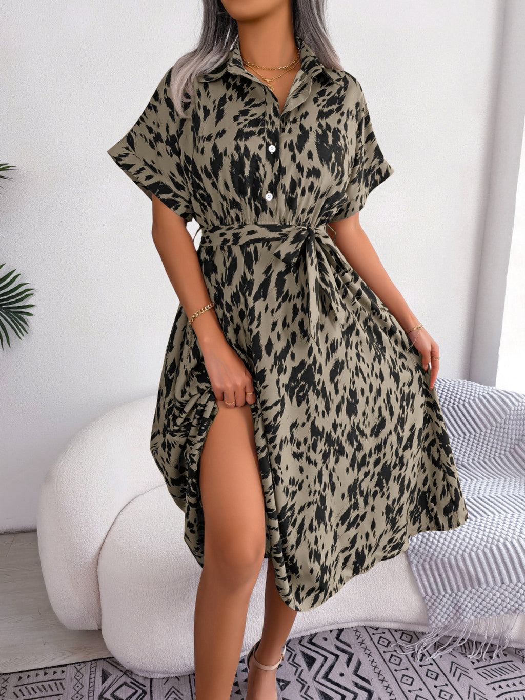 Women's Casual Loose Leopard Print Shirt Dress