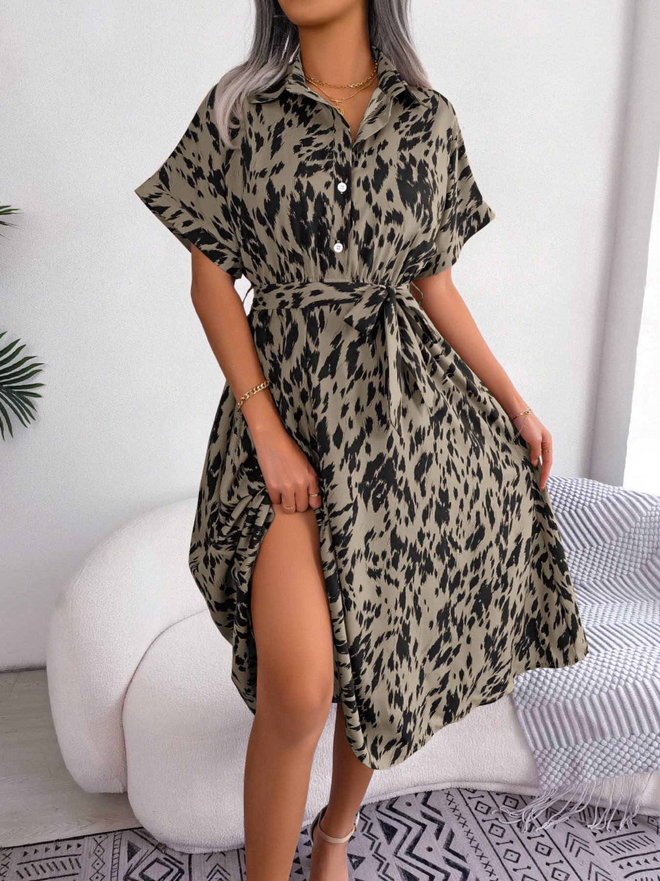 Women's Casual Loose Leopard Print Shirt Dress