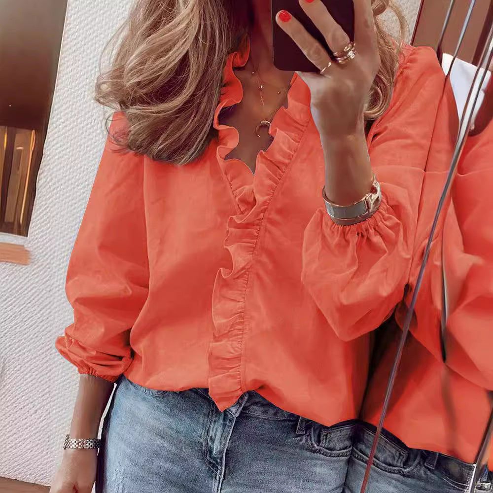 Popular Comfortable Women's Long Sleeve Ruffle Blouse