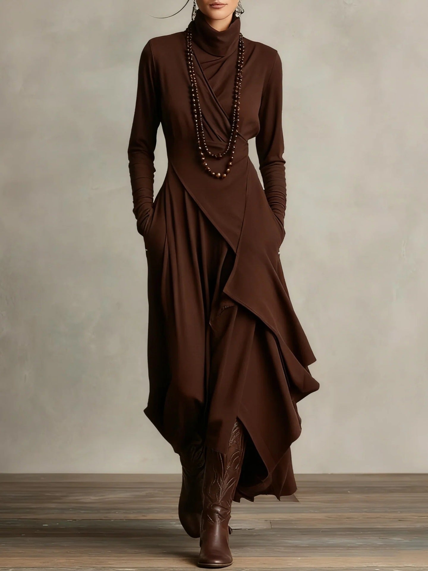 Women's European Solid Color Long Sleeve Cross Dress