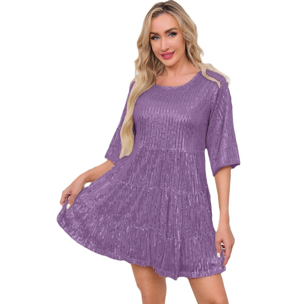 Fashion Solid Color Loose Waist Sleeves Sequins Shorts