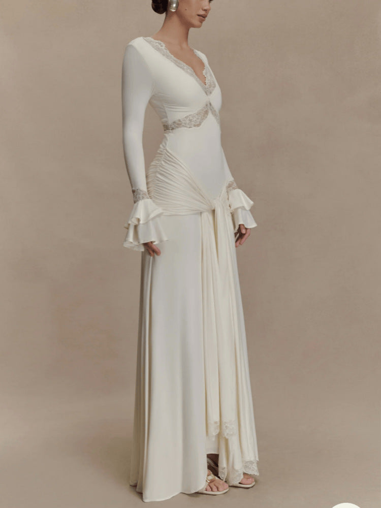 Women's Long Sleeve Lace Patchwork Flared Sleeves Ribbon Dress