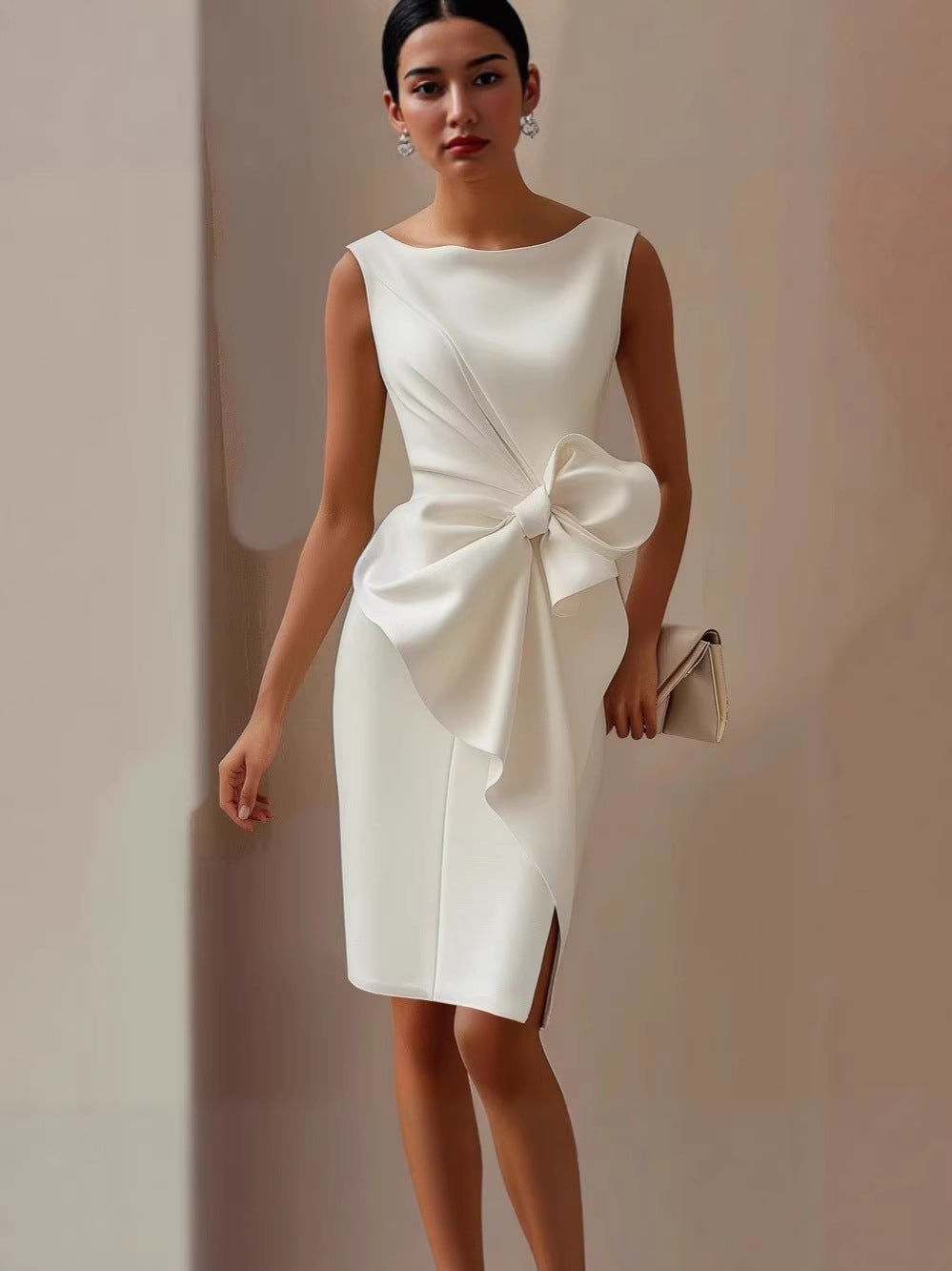 Fashionable Elegant Style Chinese Bow Mid Dress