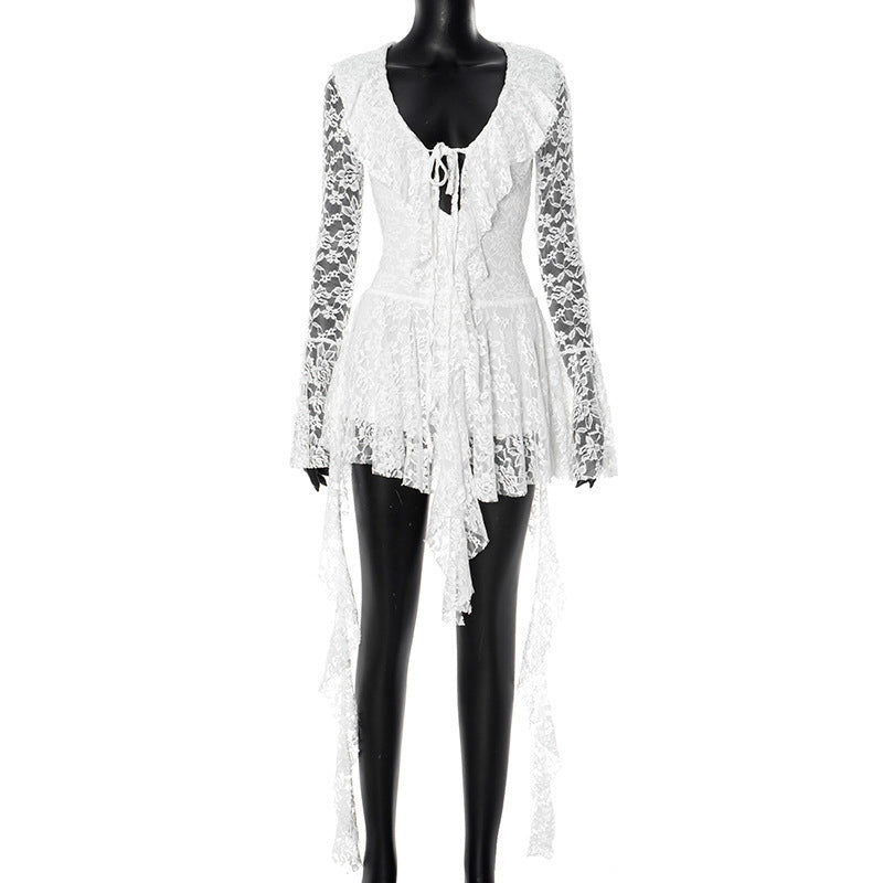 Women's Sexy Lace Strap Rope Long Sleeve Dress
