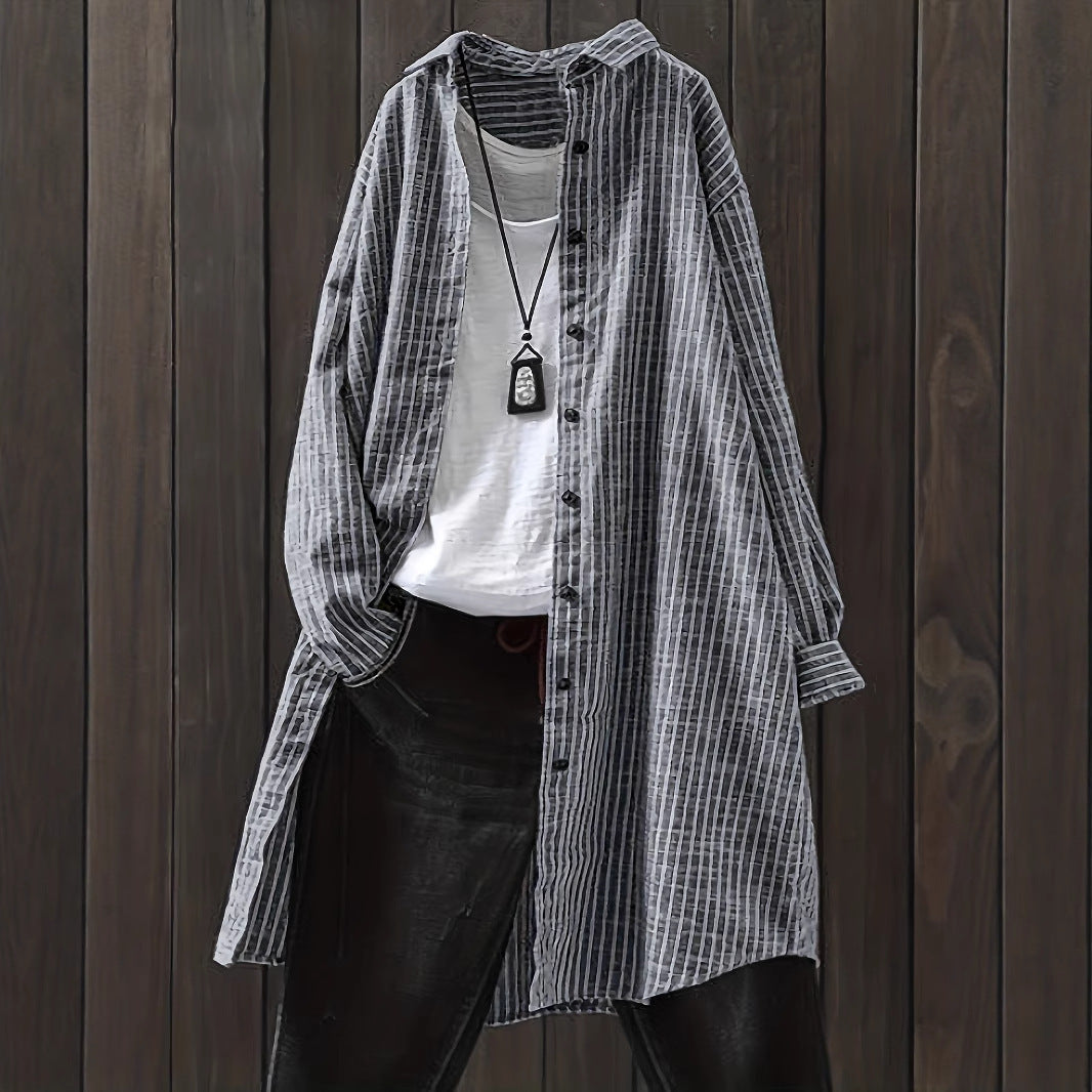 Women's Cotton Linen Striped Mid-length Long Sleeve Blouse