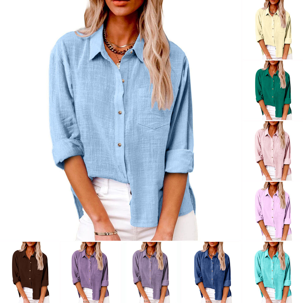 Women's Solid Colored Lapel Button Long-sleeved Cotton Linen Blouse