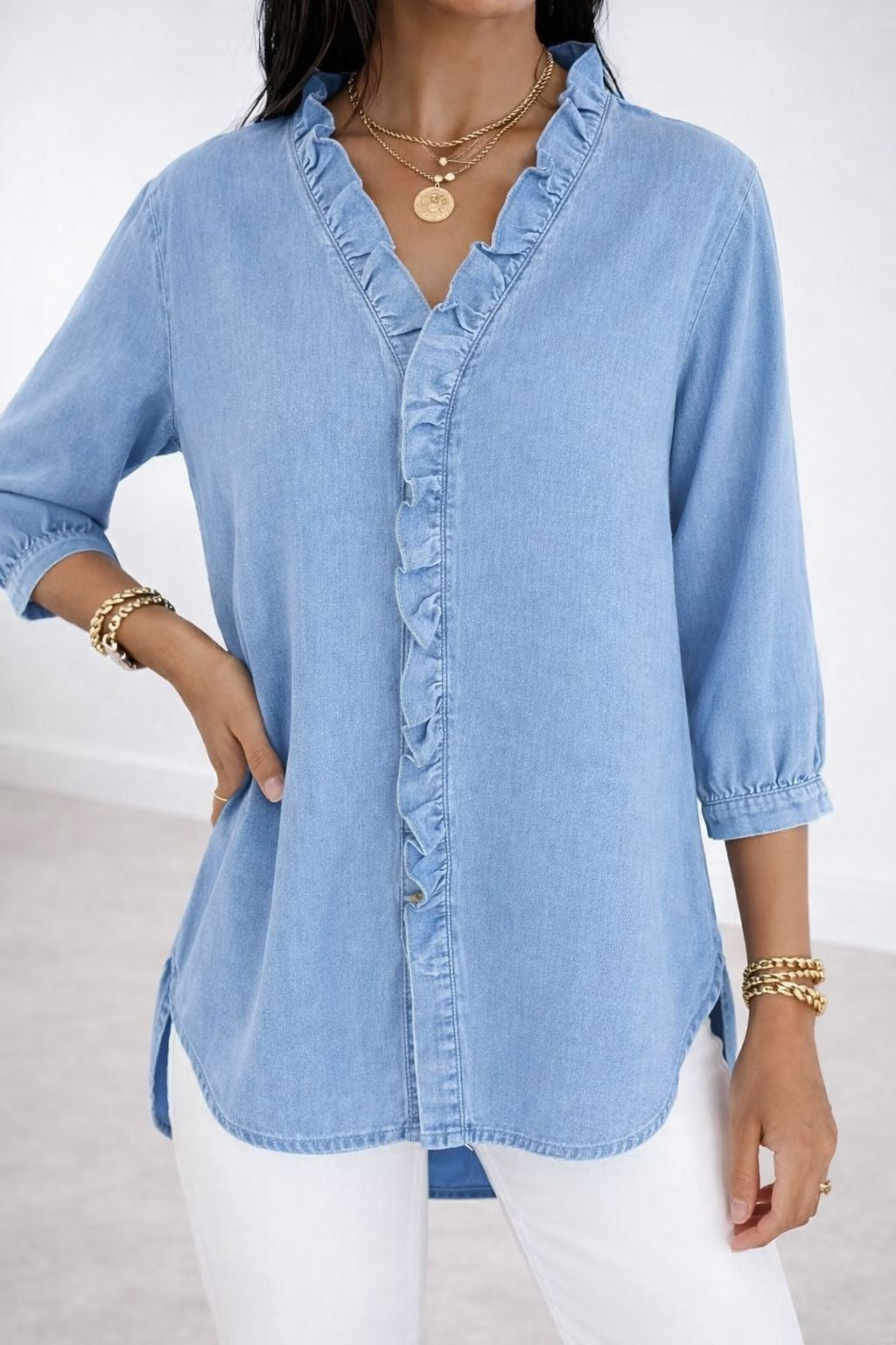 Women's Ruffled Casual Shirt Imitation Denim Ladies Blouse