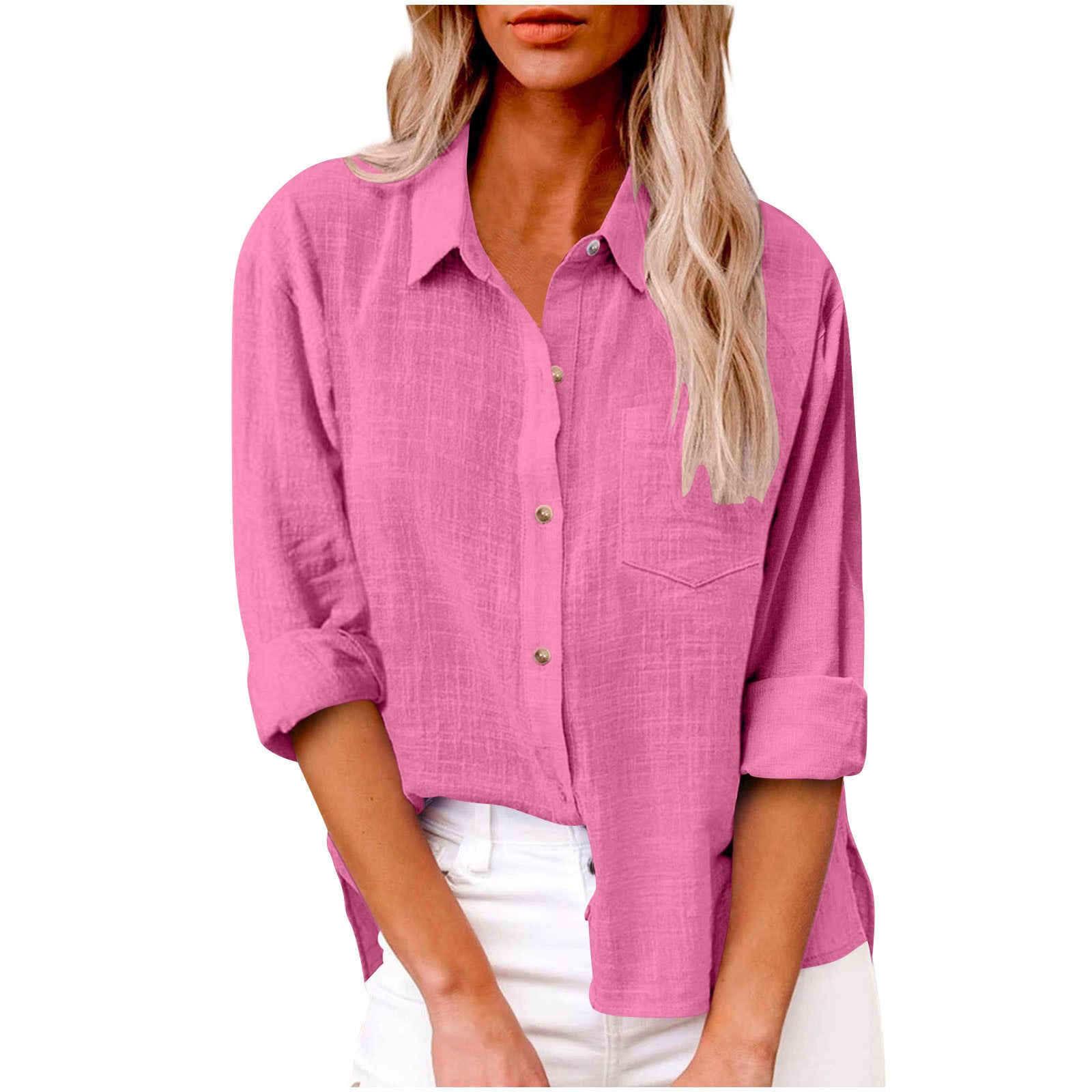 Women's Autumn Pocket Split Long Sleeve Cotton Blouse