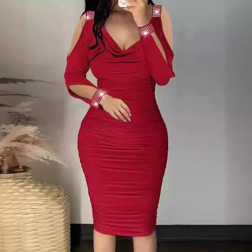 Classic Women's Rhinestone Pleated Tight Sheath Dress