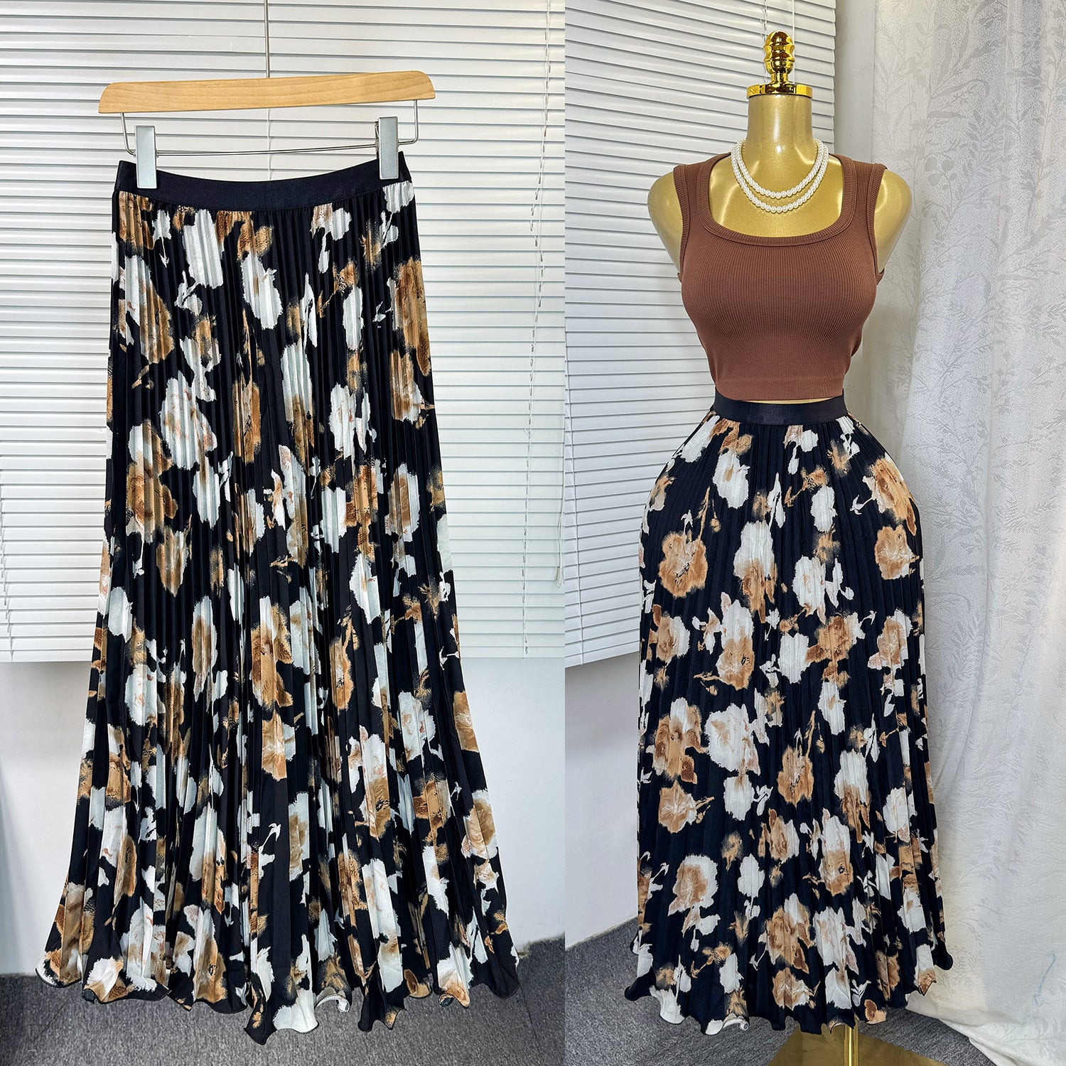 Women's Retro Printed High Waist A- Line Mid-length Pleated Large Hem Skirt