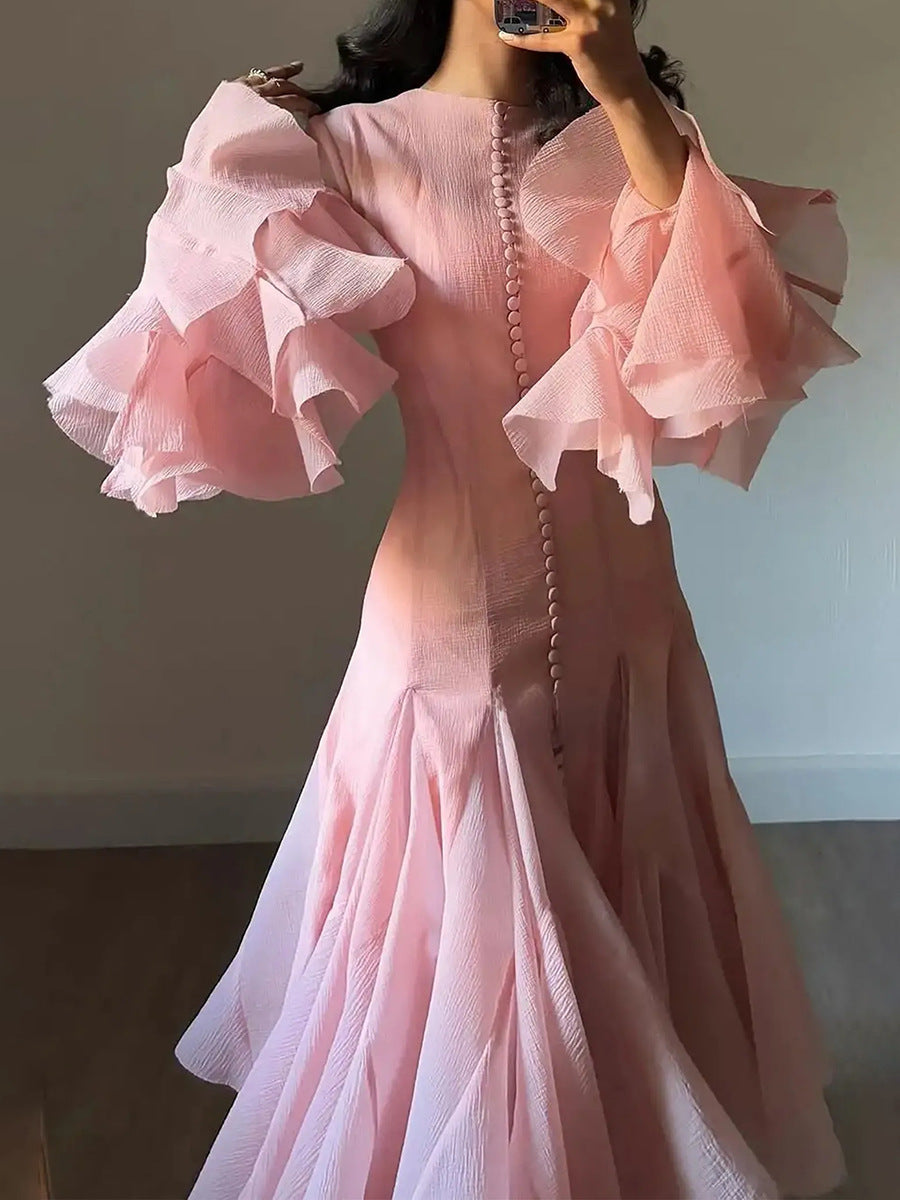 Women's Ruffled For Summer Fashion High Collar Long Sleeve Dress