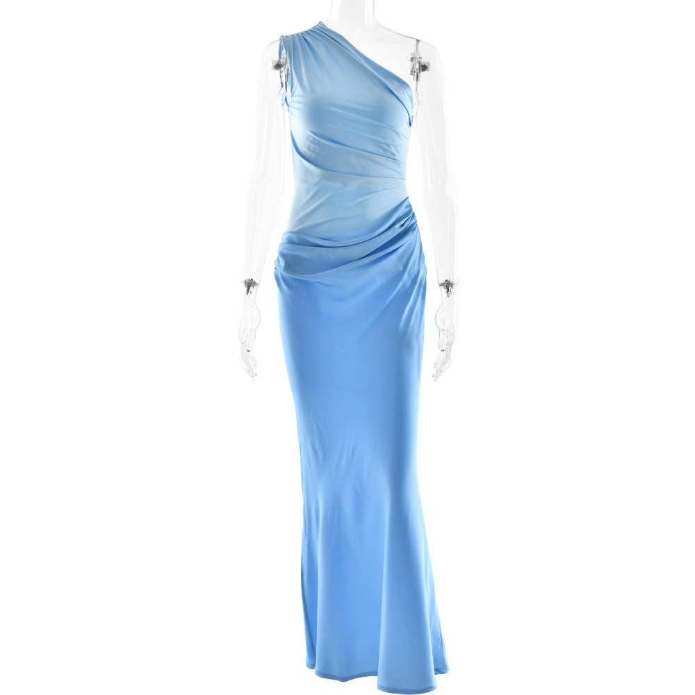 Women's Oblique Shoulder Long Sexy Sleeveless Pleated Hot Dress