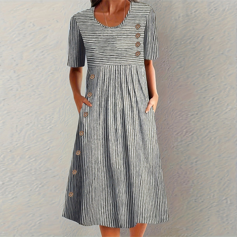 Women's Summer Sleeve Striped Fashion Wear Elegant Fastener Decoration Skirts