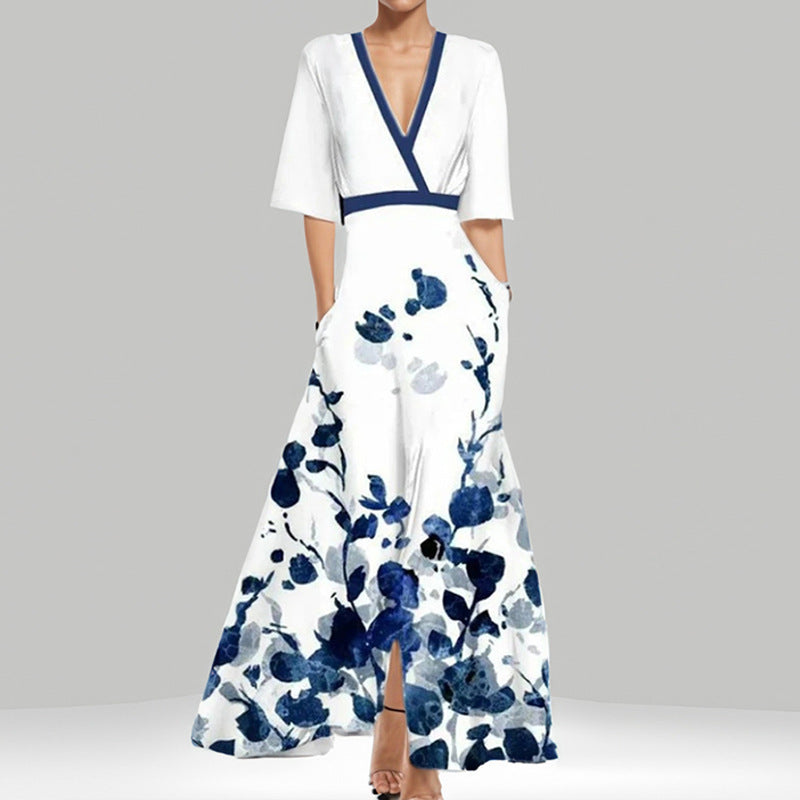 Women's Fashion Elegant Graceful Printed Pleated Large Dress